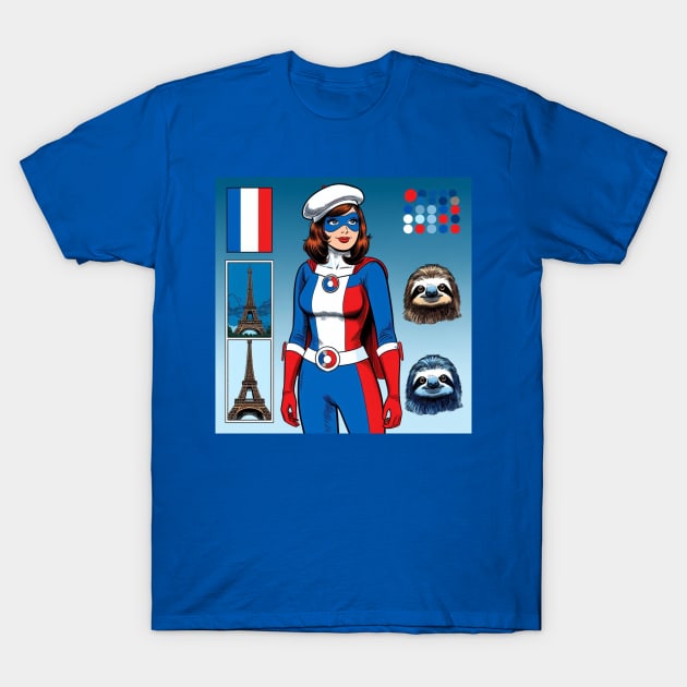 Francais: Female 1960's Comic Book Hero with Sloth T-Shirt by Woodpile